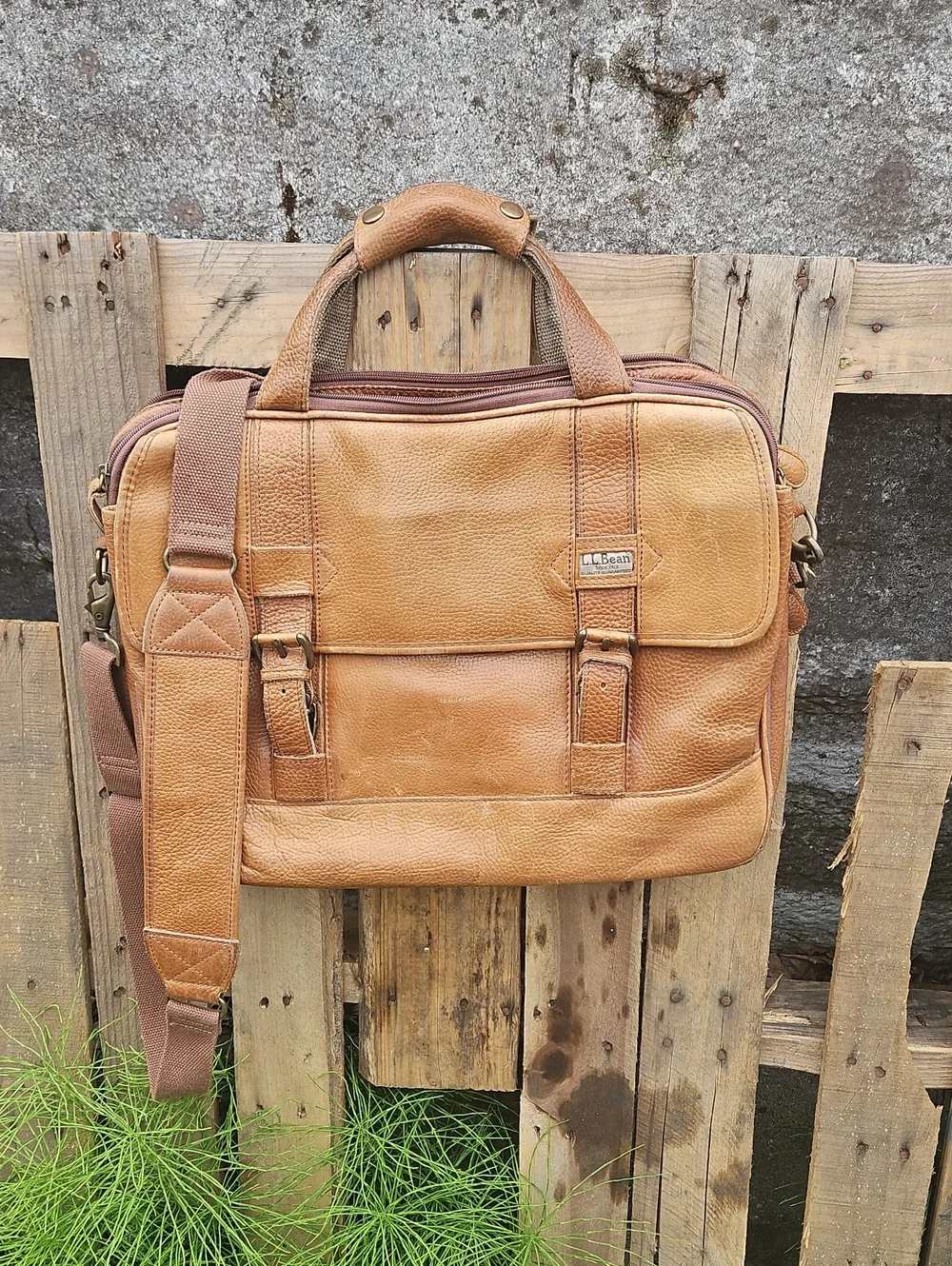 Vintage LL Bean Leather Messenger Briefcase Laptop Shoulder Bag Brown 0DMU1